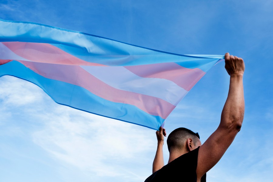 A person waves the trans pride flag