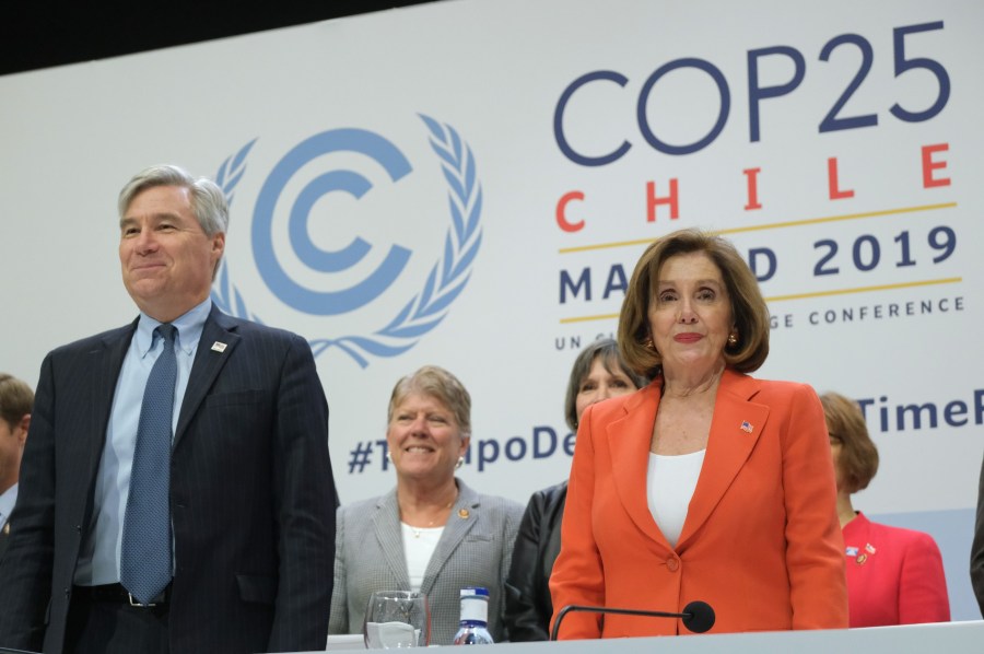 Nancy Pelosi and Sheldon Whitehouse arrive with a U.S. Congressional delegation to speak to the media while visiting the opening day of the UNFCCC COP25 climate conference on December 2, 2019 in Madrid, Spain