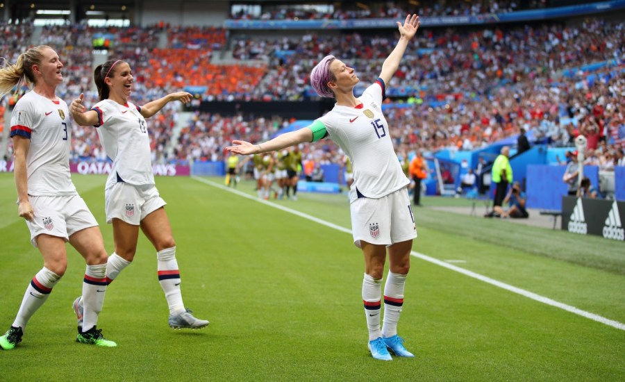 megan rapinoe celebrates after scoring a goal in the Women's World Cup finals