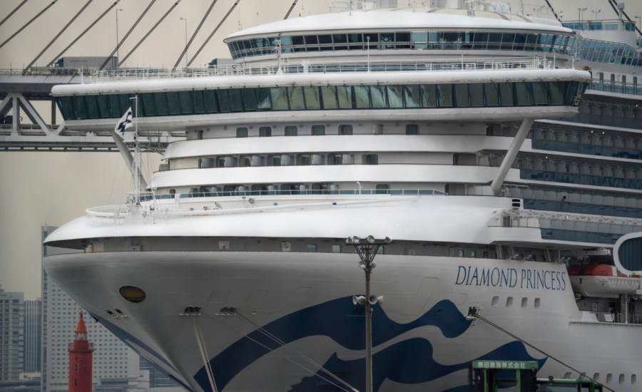 the diamond princess cruise ship docked at a port in Yokohama, Japan