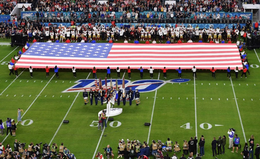 Christine Sun Kim (bottom left) performs the national anthem on the 40-yard line before Super Bowl LIV.