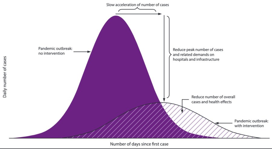 a graph with the number of cases of a disease on the y axis and the days since the first case on the x axis charting the difference between a high curve and a flat curve