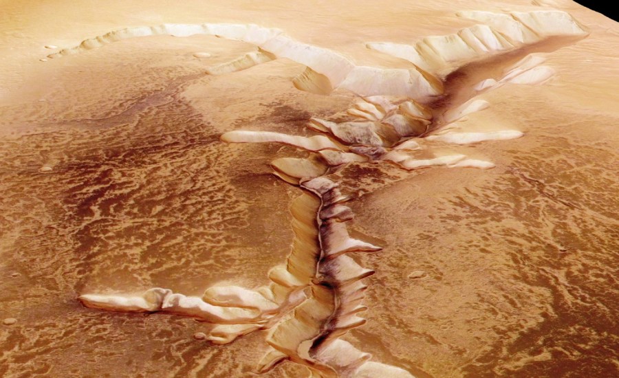 The Echus Chasma, one of the largest water source regions on Mars, is pictured from ESA's Mars Express