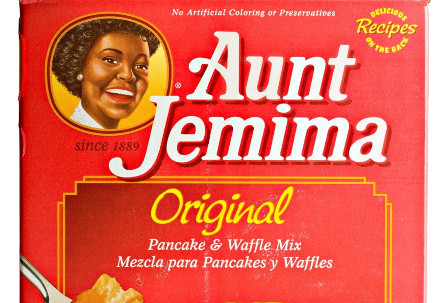 a box of aunt Jemima's pancake mix with the racist name and logo