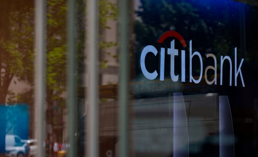 the Citibank logo is seen inside a branch in Washington, DC