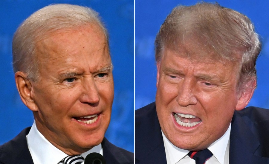 This combination of pictures created on September 29, 2020 shows Democratic Presidential candidate and former US Vice President Joe Biden (L) and US President Donald Trump speaking during the first presidential debate at the Case Western Reserve Universit