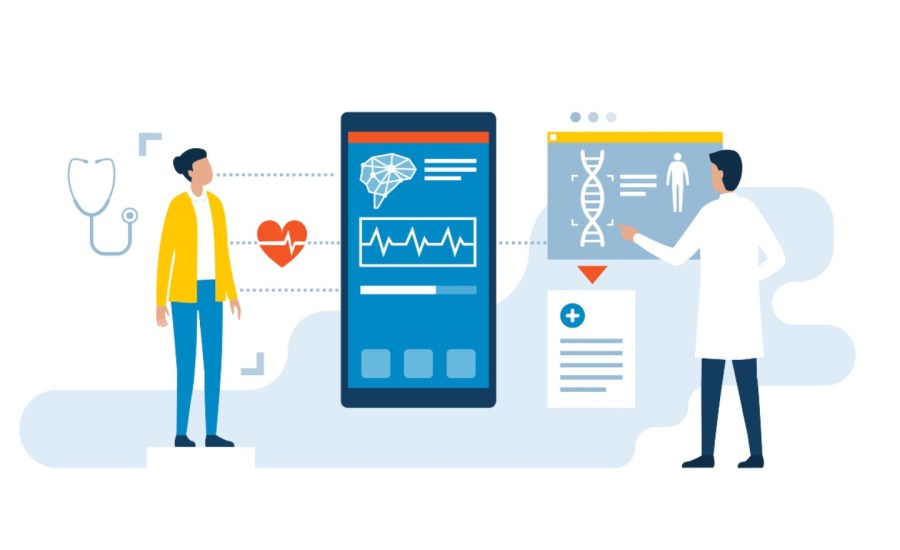 Illustration of a person's health data shown on screen and doctor analysing results