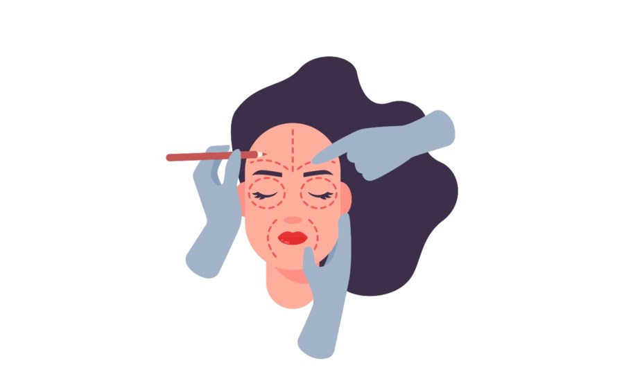 Plastic surgery vector illustration. Flat character - young beautiful woman with surgical marking on face - surrounded by doctor hands in gloves. Beauty, medical, cosmetic concept.