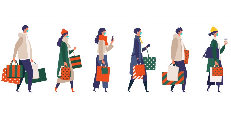 an illustration of people in line wearing different assortments of winter clothes and face masks holding shopping bags