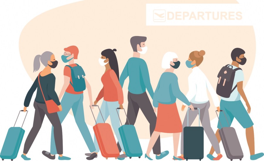 Illustration of diverse group of people traveling in opposite directions with luggage and face masks under a departures sign