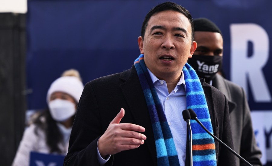 New York City Mayoral candidate Andrew Yang speaks at a press conference on January 14, 2021 in New York City