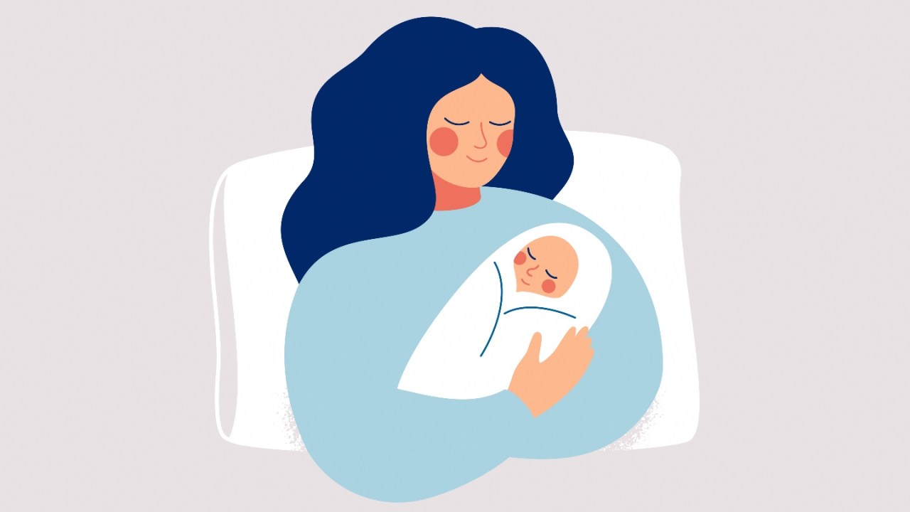 Happy new mother holds her infant baby in her arms. stock illustration