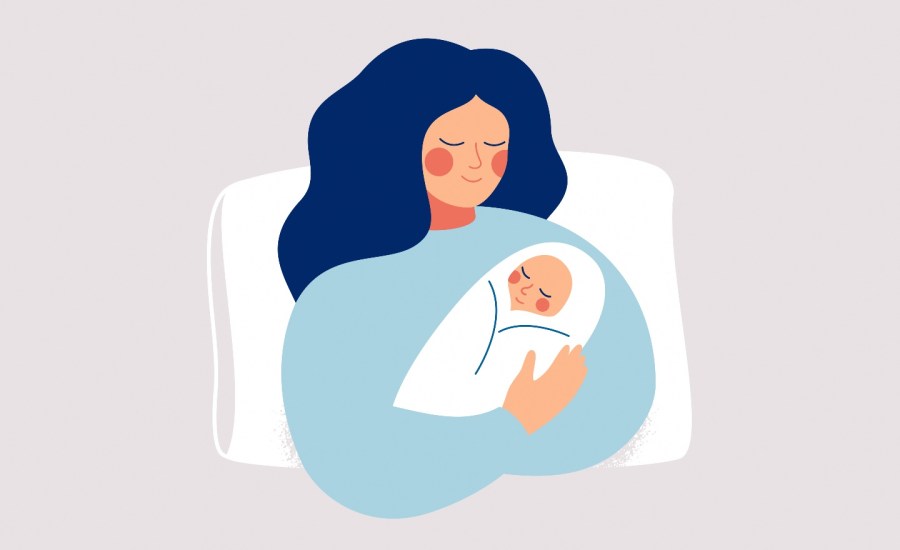 Happy new mother holds her infant baby in her arms. stock illustration