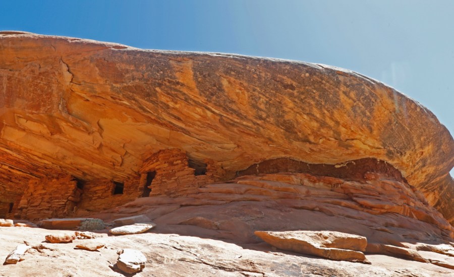 Ancient granaries, part of the House on Fire ruins are shown here in the South Fork of Mule Canyon in the Bears Ears National Monument on May 12, 2017 outside Blanding, Utah.