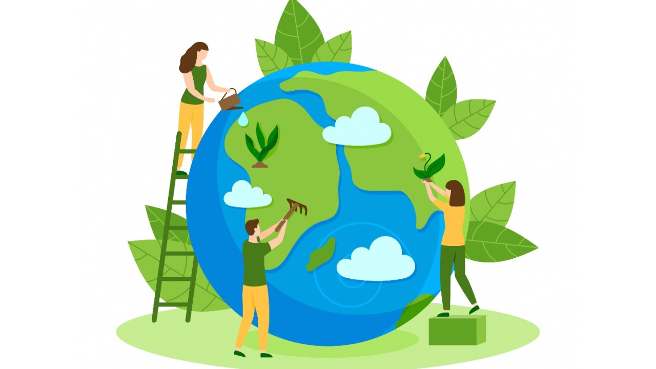 a vector illustration of the earth with three people caring for it to symbolize sustainability