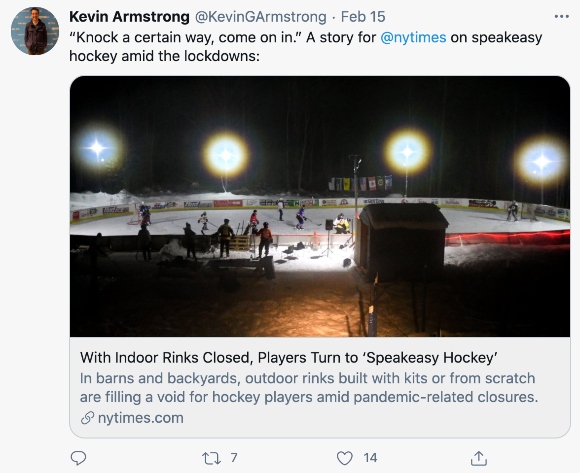 A tweet promotes a story about ways hockey players are coping with pandemic