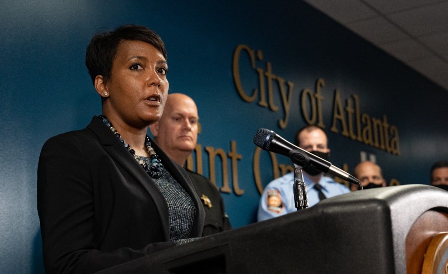 Mayor Keisha Lance Bottoms speaks at a press conference on March 17, 2021 in Atlanta, Georgia. Suspect Robert Aaron Long, 21, was arrested after a series of shootings at three Atlanta-area spas left eight people dead on Tuesday night, including six Asian