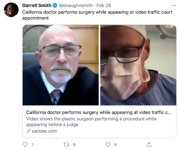 Dr. Scott Green, a California plastic surgeon dressed in medical garb and operating on a patient, appeared last week in a virtual hookup with the Sacramento traffic court.