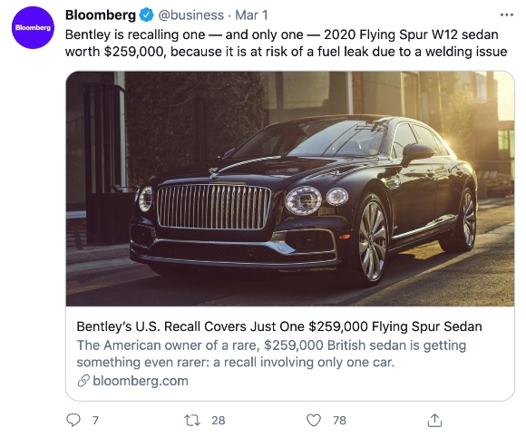 A tweet about a report on Bentley recalling one vehicle