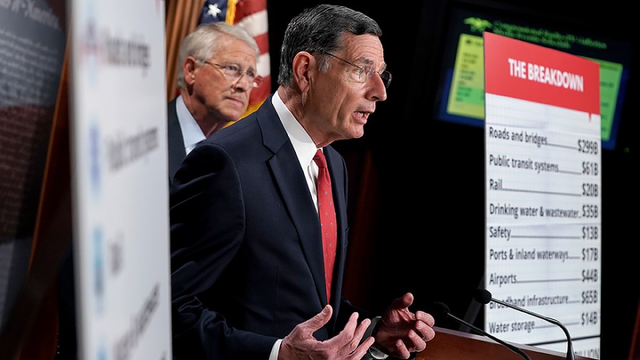 Sen. John Barrasso (R-Wyo.) discuses the Senate Republican infrastructure plan during a press conference