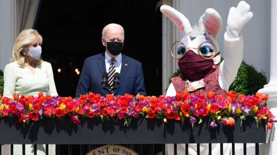 First lady Jill Biden, President Biden and a masked-up Easter Bunny appear at the White House