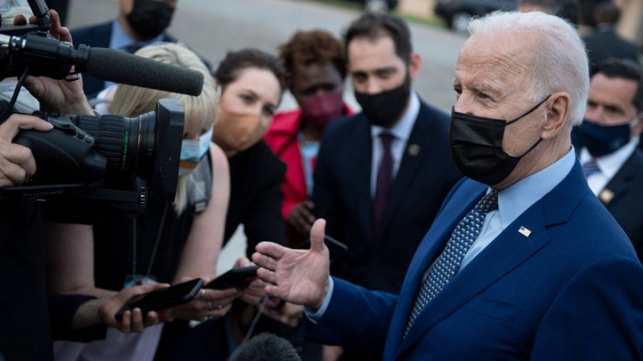 President Biden speaks to the press before boarding Air Force One in Marietta, Ga.