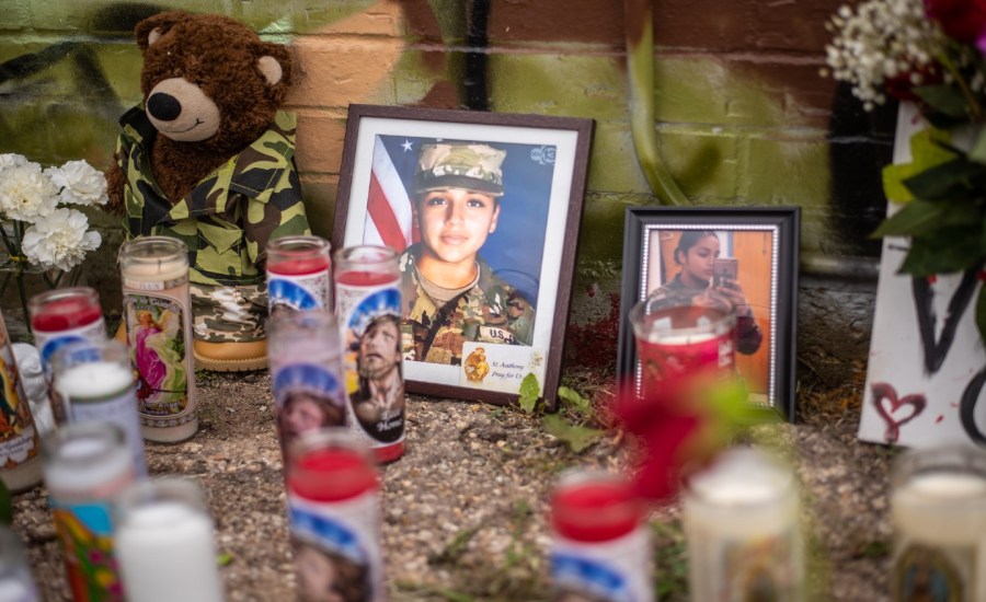 People pay respects at a mural of Vanessa Guillen, a soldier based at Fort Hood, Texas