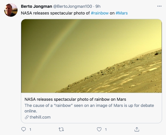 A NASA image of a rainbow on Mars