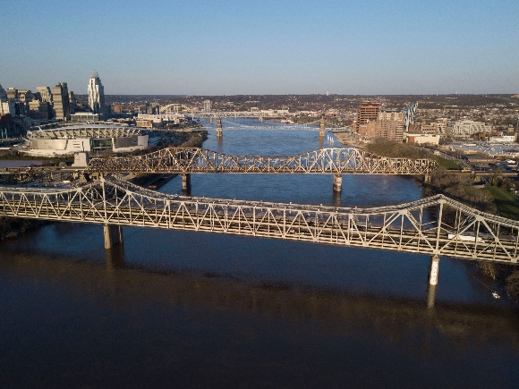 The Brent Spence Bridge spans the Ohio River on the Ohio-Kentucky border in Cincinnati