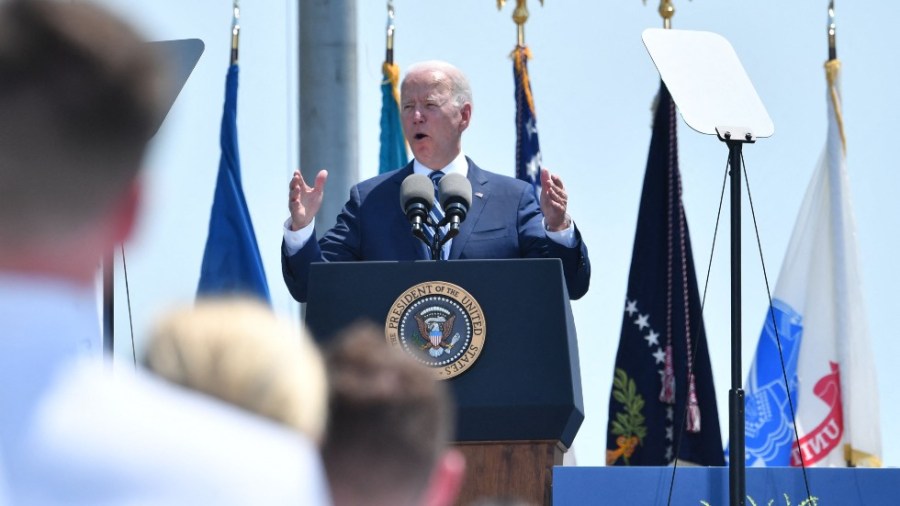 President Biden speaks during the Coast Guard Academy's 140th commencement exercises in New London, Conn.