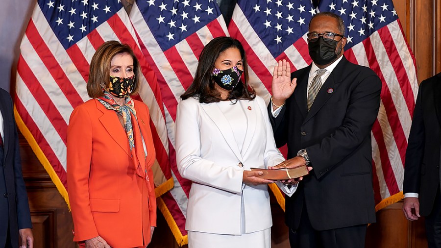 Rep. Troy Carter (D-La.) participates in a ceremonial swearing in for media