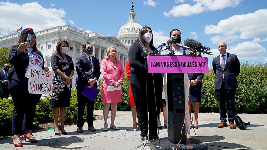 Mayra and Lupe Guillen discuss the I Am Vanessa Guillen Act during a press conference on May 13