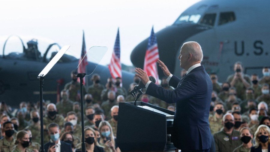 President Biden addresses U.S. Air Force personnel and their families stationed at Royal Air Force Mildenhall, Suffolk, England