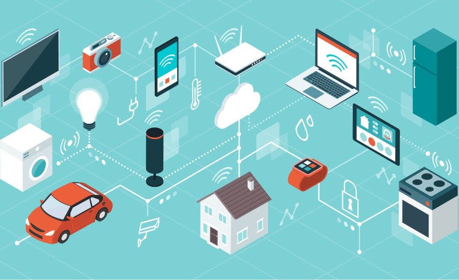 vector illustrations of various home devices and computers connected by lines