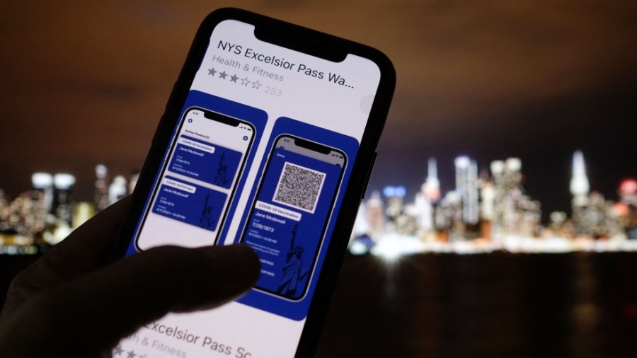 A phone with New York state's Excelsior Pass app