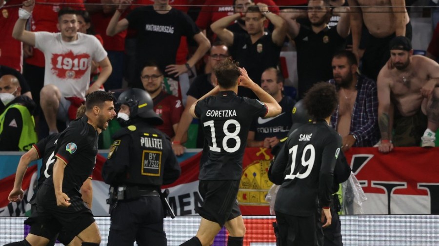 German midfielder Leon Goretzka celebrates scoring his team's second goal in a match against Hungary