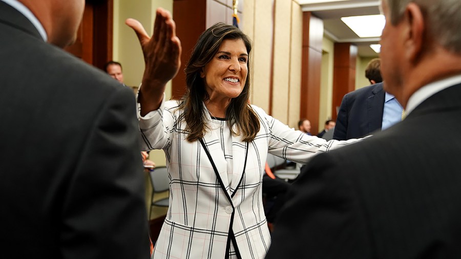 Nikki Haley greets members after addressing the Republican Study Committee on June 16