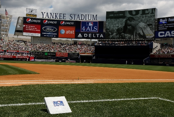 First base, dedicated to the disease Amyotrophic Lateral Sclerosis (ALS) often referred to as "Lou Gehrig's Disease" is seen prior to the game between the New York Yankees and the Toronto Blue Jays