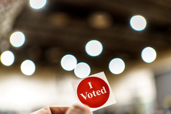 "I Voted" stickers are ready at the US presidential election at Powderhorn Park Community Center in Minneapolis