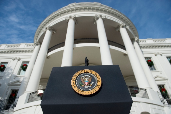 A presidential podium outside the White House