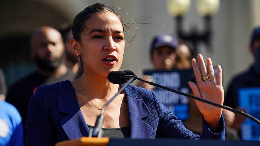 Rep. Alexandria Ocasio-Cortez (D-N.Y.) speaks about high-speed rail outside Union Station in Washington, D.C., on June 16