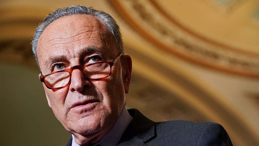 Majority Leader Charles Schumer (D-N.Y.) addresses reporters following the policy luncheon on June 15