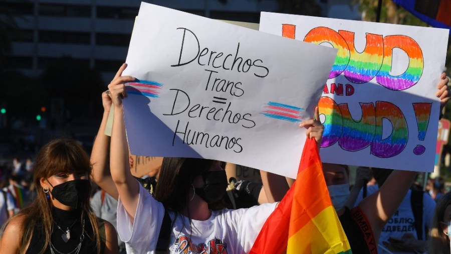 A woman holds a placard reading "Transgender rights = Human rights" during a Pride march in Valencia, Spain