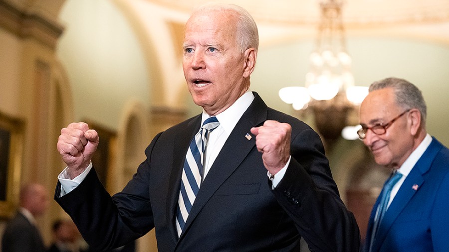 President Biden speaks to reporters following a luncheon with Senate Democrats at the Capitol to discuss an infrastructure plan on Wednesday, July 14, 2021.