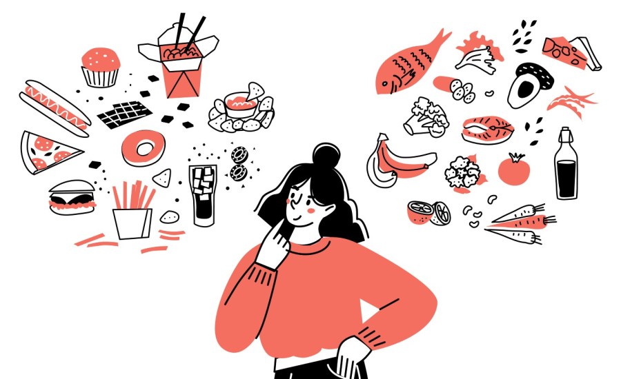 illustration of woman thinking about healthy and unhealthy foods