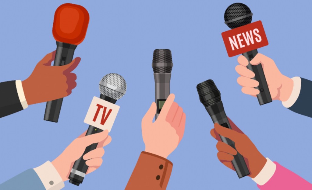 ournalist hands with microphones. Reporters with mics take interview for news broadcast, press conference or newscast. Media vector concept stock illustration