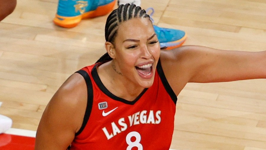 Liz Cambage of the Las Vegas Aces reacts after an official's call on an out-of-bounds play