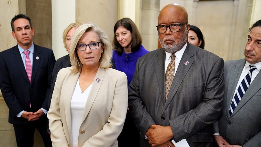 Reps. Liz Cheney (R-Wyo.) and Bennie Thompson (D-Miss.) address reporters after members of the Jan. 6 Select Committee informally met on July 1