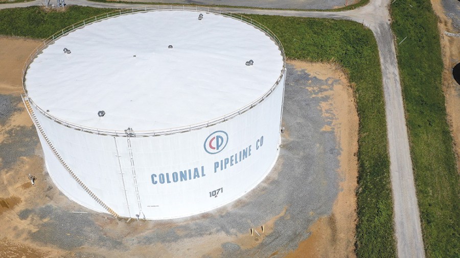 An aerial view of Colonial Pipeline fuel holding tanks