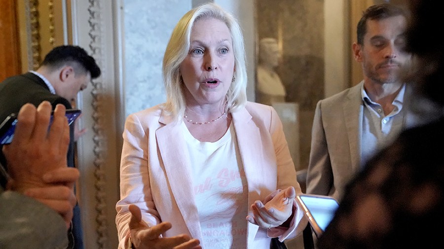 Sen. Kirsten Gillibrand (D-N.Y.) speaks to reporters during a vote regarding a nomination on Thursday, July 22, 2021.